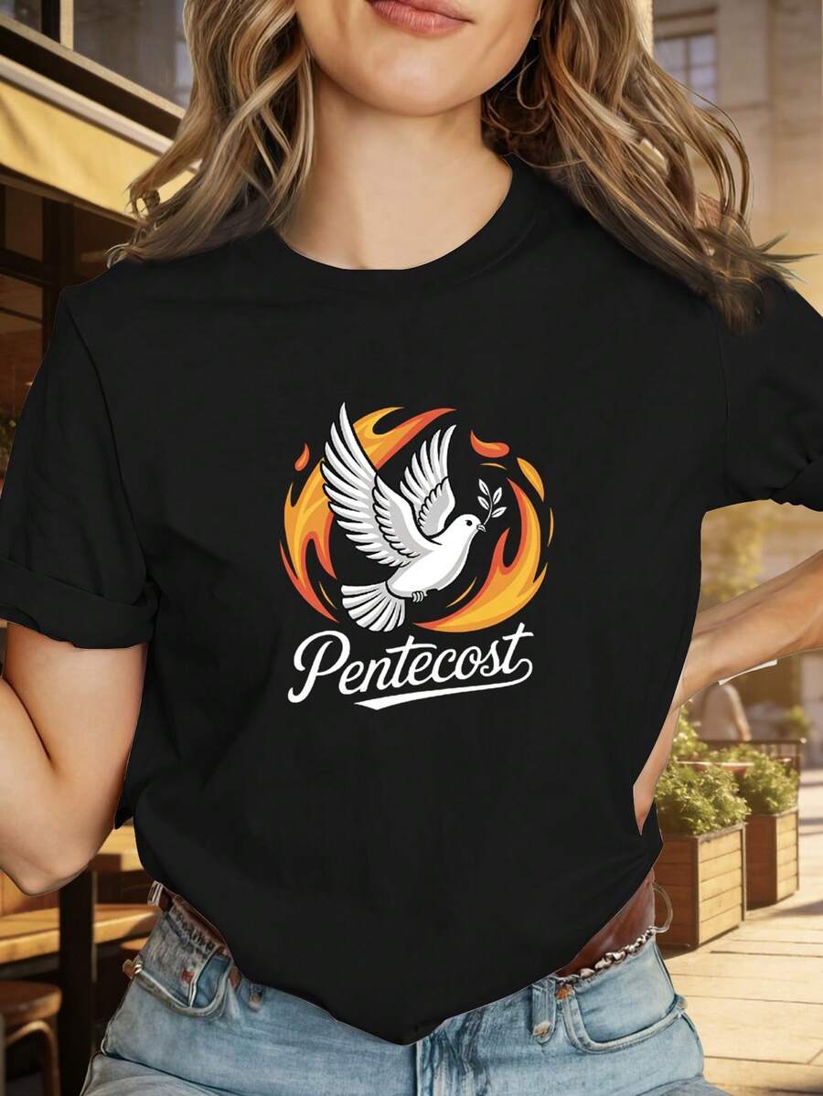Short-Sleeved T-Shirt With Round Neck And "Easter Dove, Olive Branch" Design, Comfortable And Casual, Suitable For Daily Wear And Style Combinations, Pure Cotton Printed T-Shirt For Women. - Black - View 1