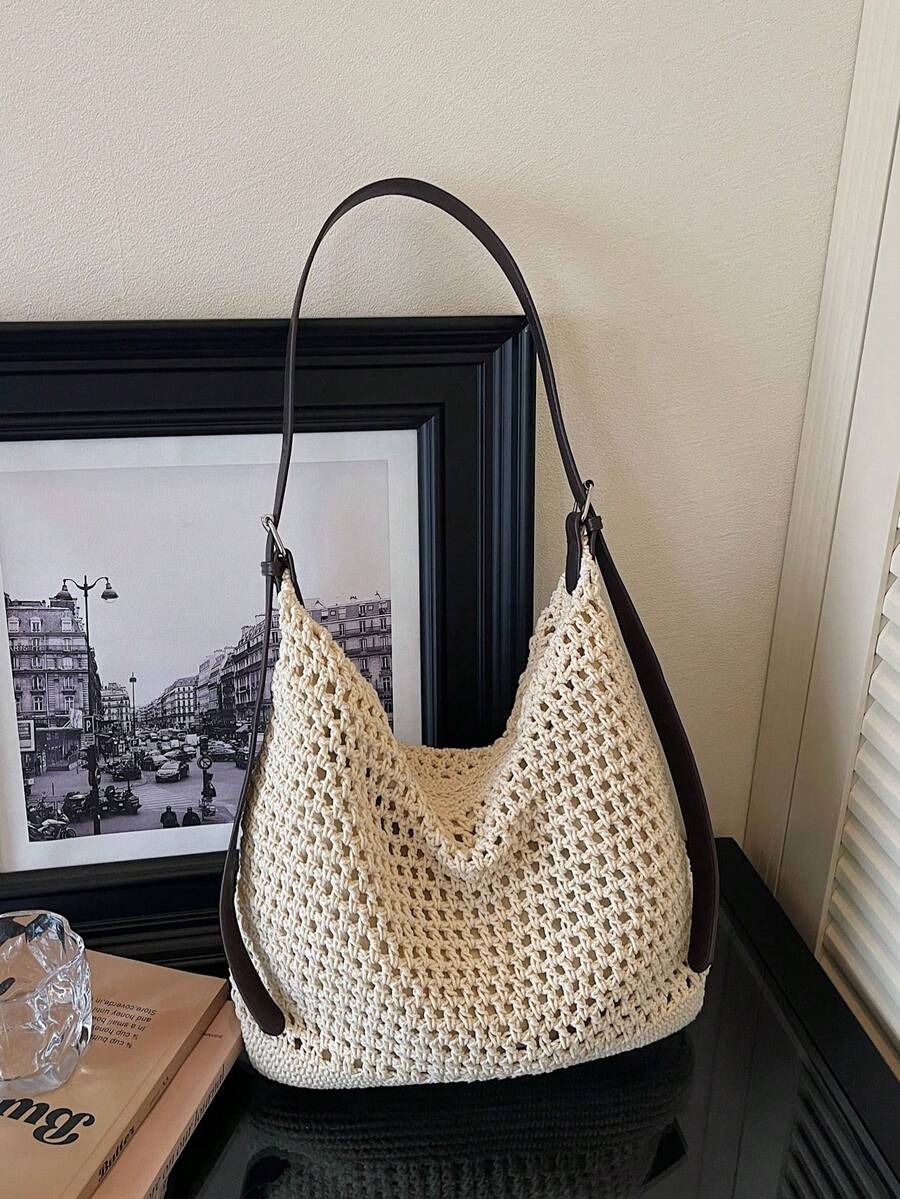 Handmade Woven Straw Shoulder Bag, Minimalist & Fashionable - Beige - View 1