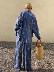 Conjunto de 2 piezas de estilo occidental de playa de primavera y verano con estampado azul, de lino holgado para mujeres, conjunto de ropa de descanso para mujeres - Azul - Ver 2