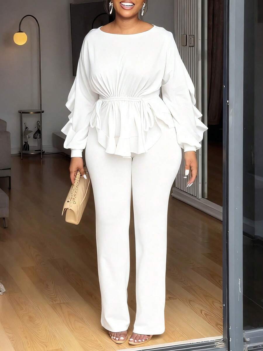 Elegant European And American Winter Two-Piece Set, Featuring Ruffles, Adjustable Drawstring, Long Sleeves, And A Fitted Waist. - White - View 1