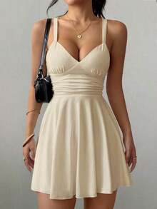 Vestido corto de punto sexy y elegante con escote en V, cintura fruncida y tirantes finos para mujer - Albaricoque - Ver 6