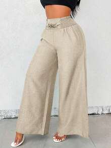 Pantalones de pierna ancha con estampado geométrico y hebilla metálica de cintura alta para mujer - Albaricoque - Ver 3
