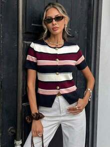 Top de punto a rayas para mujer , estilo casual holgado de manga corta y cuello redondo para verano, estilo preppy, cárdigan de manga corta a rayas marrones y azules, top de verano, estilo universitario americano, adecuado para uso diario, top de verano, para mujer en primavera. - Multicolor - Ver 3
