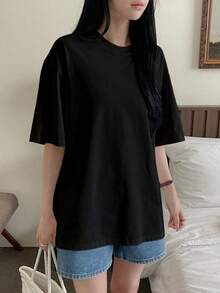 Camiseta casual de mujer de cuello redondo suelto, hombros caídos y manga corta con estampado de estrella, camiseta holgada de verano Y2K, parte superior tipo preppy - Negro - Ver 2