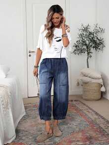 Pantalones vaqueros casuales de mujer con cintura con cordón y lavado vintage, pantalones casuales de mujer, pantalones de verano de mujer con cintura elástica, pantalones de mujer con bolsillos, pantalones caqui de mujer - Azul lavado oscuro - Ver 4