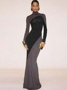 Vestido ajustado de cintura alta en combinación de colores, moderno y creativo para la calle - Dorado - Ver 4