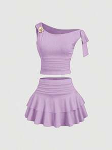 Conjunto de top de tirantes y minifalda plisada y con decoración de flores metálicas para mujer, ideal para el verano - Morado 2 - Ver 3