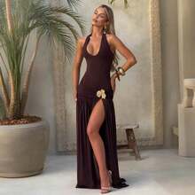 Women's Long Dress Autumn New Fashion Sexy Backless Decorated Pendant Monochromatic Neckline Hip Set Elegant, Comfortable And Casual Party Dress - 咖啡 - 查看 3