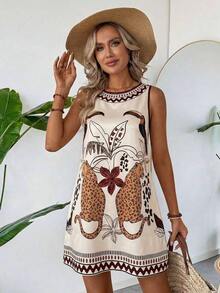 Vestido casual de verano para vacaciones en la playa, de algodón y lino con textura, color albaricoque, sin mangas y corte recto para mujeres - Multicolor - Ver 3