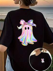 Camiseta estampada por delante y por detrás con un fantasma arcoíris, un diseño temático de Halloween para mujeres, de cuello redondo casual y manga corta, elegante y con estilo, camiseta estampada reversible para mujer.Camiseta Y2k - Negro - Ver 1