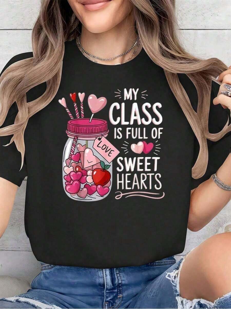 Camiseta de algodón con texto: Amor, Maestro, San Valentín, Mi Clase Está Llena de Enamorados, Regalos. Camiseta Estampada De Cuello Redondo Para Verano. Camiseta Suave De Manga Corta Para Mujer. Camiseta Elegante Y Cómoda. Camisetas Gráficas.-Vintage Street Style Unisex Loose Cotton Short Sleeve Crew Neck T-Shirtblusas para mujer, playeras de mujer,blusas casuales para dama, - Negro - Ver 1