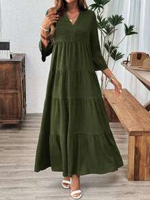 Vestido de vacaciones con mangas acampanadas y volantes en el bajo, unicolor para mujer, atuendos de vacaciones para mujer - Verde militar - Ver 4