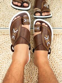 Men's Flat Comfortable Arabic Style Slippers, Middle Eastern Men's Sandals, Dark Color Middle Eastern Slide Sandals - Coffee Brown - View 5