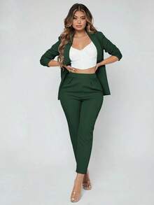 Traje de blazer con cuello de chal y pantalones para otoño/invierno - Verde Oscuro - Ver 4