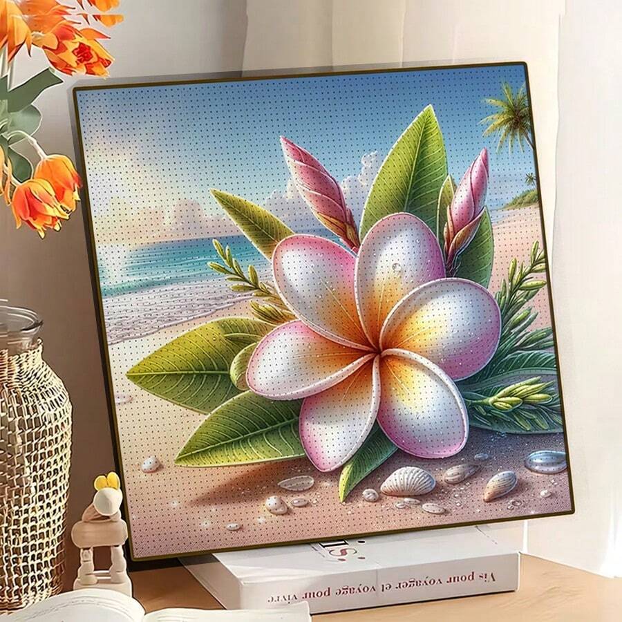 1pc New 5D Round Acrylic Diamond Painting, Beach Hibiscus Themed Mosaic Crafted, Ideal Home Wall Decor. Handmade Artistic, Suitable As Holiday Gift For Girlfriend, Parents, Friends To Convey Heartfelt Wishes And Add Romantic Artistic Ambiance, Frameless - round diamond - View 1