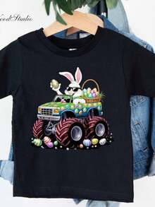 B1O m1onster Truck Easter S1Hirt, B1Oy Easter S1Hirt, Rabbit With Egg Basket On The Truck S1Hirt, m1onster Truck Toddler, Bunny Easter Toddler. - Negro - Ver 2