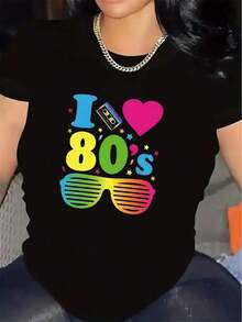 VintageCamiseta de manga corta de lujo para fiestas de los 80, de tela de poliéster, ligera y duradera, con diseño "I Love 80s" con colores neón y estampado de gafas de moda, perfecta para uso casual en casa, restaurantes o eventos festivos.Graphic Tee - Negro - Ver 8
