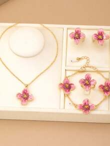 1pc Necklace + 1pc Bracelet + 1pc Ring + 2pcs Earrings, Elegant Niche Floral Jewelry Set, Suitable For Daily, Party, Vacation, Gift-Giving In Spring/Summer - Oil-dripping Flower Set - View 5