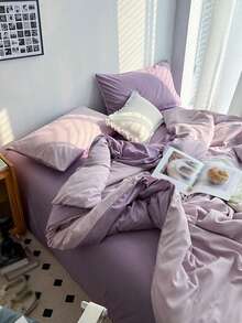 Blue & White Color Block Washed Cotton Skin-Friendly Duvet Cover 3 Pieces Set, Suitable For Bedroom - Mauve Purple - View 4