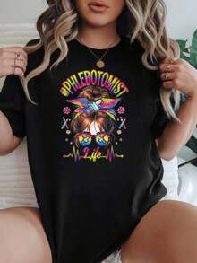 Camiseta de Mujer con Estampado Gráfico, Algodón Ligero, Verano, Camiseta Casual de Cuello Redondo, Opciones en Negro y Blanco, Estampado de Gafas de Philobotomist Life, Camisetas de Uso Diario de Verano, Tops de Verano, Camisetas Gráficas, Conjuntos de Verano, Camisetas Gráficas de Mujer, Tops Cortos de Mujer, Tops de Mujer, Ropa Linda de Algodón Vintage, Camiseta Oversize de Mujer con Estampado 100% Algodón Puro - Negro - Ver 1