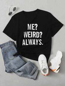Camiseta de manga corta con estampado de letras para mujer 2026, camiseta ME WEIRD ALWAYS - Negro - Ver 7
