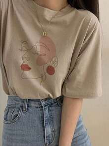 Camiseta de manga corta con cuello redondo y estampado, de corte holgado para mujer, camisetas gráficas de verano para mujer - Caqui - Ver 6