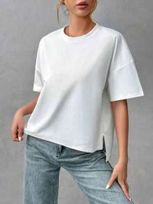Camiseta holgada de estilo minimalista casual para mujer, con parte delantera corta y parte trasera larga, versátil para usar en la calle, adecuada para primavera y verano - Multicolor 3 - Ver 8