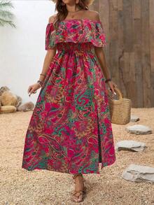 xheBreezaya Vestido informal con estampado de hojas, hombros descubiertos y abertura lateral para vacaciones de veranoxhe - Multicolor 9 - Ver 3