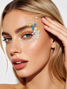 1pc Rhinestone Eye Jewel Sticker - Half Eye Pink & Blue Floral Rhinestone Sticker, Self-Adhesive Face Gems, Suitable For Eye Makeup, Music Festivals, Parties And Outings, Convenient Reusable Decoration To Enhance Eye Makeup,Rhinestone Face Sticker - Multicolor - View 5