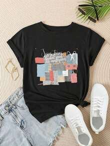 Camiseta Casual de Manga Corta para Mujer - Diseño Patchwork "Jesús Convierte Piezas Rotas en Obras Maestras", Cuello Redondo, Top de Verano, Lavable a Máquina, Camisetas para Damas, Ropa Casual, Estilo Moderno, Ajuste Cómodo  
 -Blanco - Negro - Ver 2