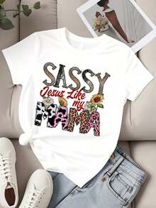 Camiseta de Cuello Redondo para Mujer, Diseño Casual de Verano con Estampado de Leopardo y Vaca, Diseño Floral, Manga Corta, Estilo Sassy Jesus Like My Mama - Blanco - Ver 2
