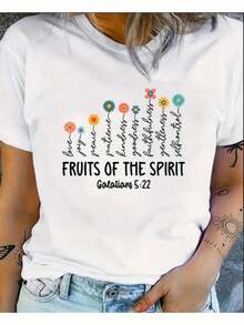 Women's Casual T-Shirt With Inspirational "Fruits Of The Spirit" Print, Round Neck, Short Sleeves, Breathable All-Season Fabric, White With Colorful Floral Design, Casual Wear |  T-Shirt | Comfortable Fabric - 白色 - 查看 5