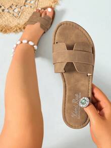 Ximi Ruo Wide Fit Rhinestone Embellished Comfortable Slippers, Korean Casual Flat Sandals For Women, Open Toe Slides For Spring, Summer, Beach, Casual Wear - Brown - View 6