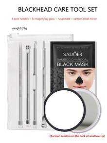 Blackhead Remover Tool Kit With 5x Magnifying Mirror, Stainless Steel Pimple Popper Tool, With Activated Charcoal Nose Strips, Professional Acne Extractor Set (Random Cartoon Mirror) - Silver - View 13