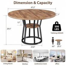 Space-Saving Round Dining Table For 4-6 Wood Dining Table With Storage Shelf, Robust Metal Legs, - Light Antique Wood Grain Color - View 6