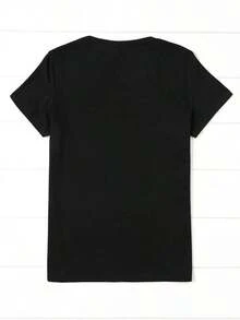 Camiseta de cuello redondo con estampado de oso, corte casual, manga corta, estilo primavera/verano, ropa de mujer. - Negro - Ver 2