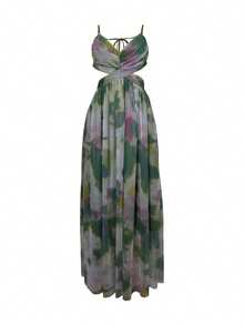 Women's Long Printed Tulle Dress With Spaghetti Straps, V-Neck, And Open Back-Perfect For Parties, The Beach, And Vacations Wedding - Green - View 5