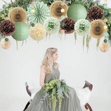 15 piezas Decoraciones de fiesta verde oliva y marrón Decoraciones de cumpleaños verde oliva beige marrón Bolas de flores de papel Linternas de papel Adecuado para fiesta de cumpleaños con tema verde oliva y marrón Despedida de soltera Boda Decoraciones interiores y exteriores - Colores mezclados - Ver 2