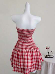 Vestido azul marino con cintura ceñida, plisado, sin tirantes, sexy, calado, con bordado y dobladillo fruncido, estilo vacaciones - Rojo - Ver 2