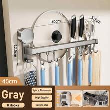 Estante de ganchos de cocina montado en la pared, sin perforaciones, riel para utensilios de cocina, estante para cucharas, espátulas y tablas de cortar. - 40 cm, 8 ganchos - Ver 11