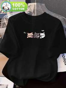 Camiseta de mujer, casual, de manga corta y cuello redondo, 100% algodón puro, cuello acanalado, estampado de gatito adorable, sencilla pero no monótona, top casual para el día a día, transpirable y cómoda, imprescindible para todas las estaciones, lavable a máquina, adecuada para descansar en casa / acampar el fin de semana / top cómodo para pasear por el parque. - Negro - Ver 7