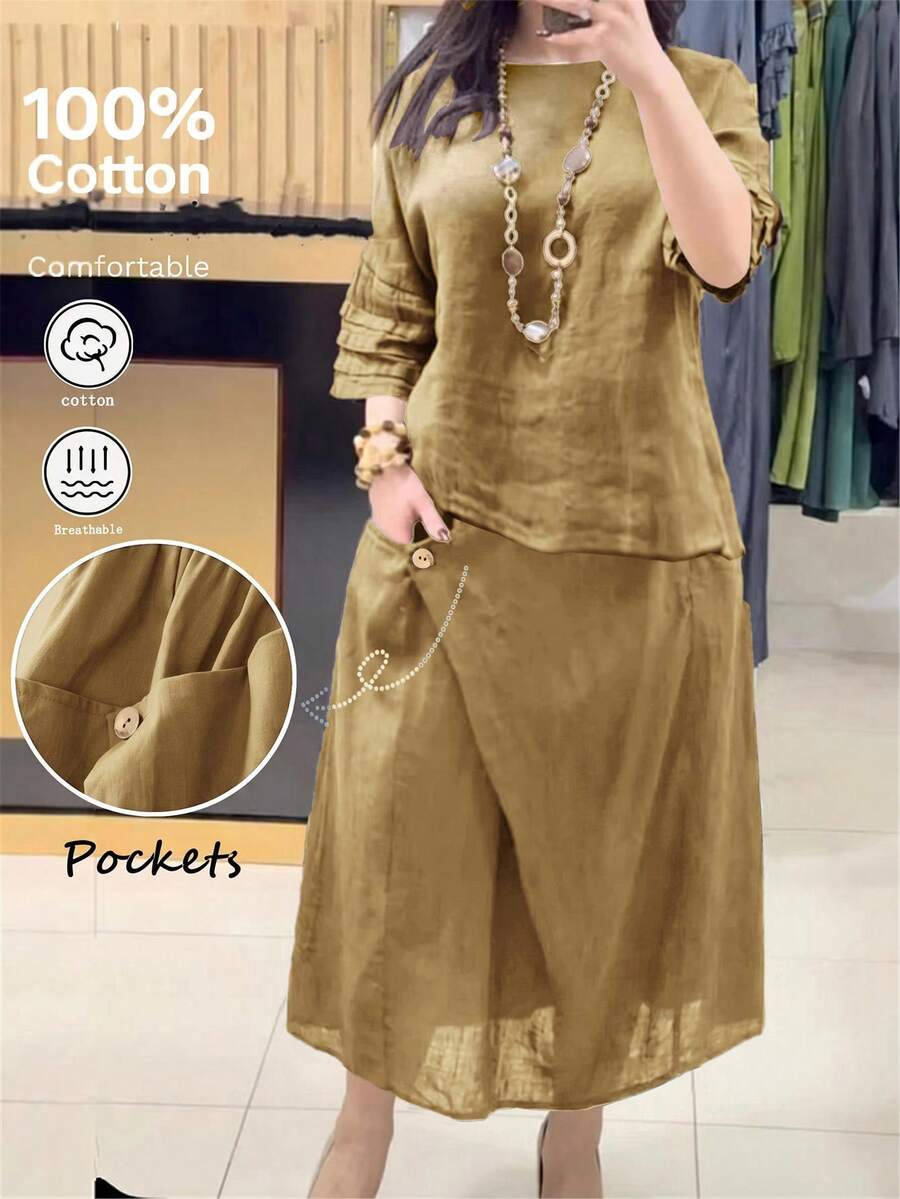 2 piezas Conjunto vintage casual: Blusa con mangas de volantes de unicolor y falda asimétrica con bolsillo con botón, conjunto versátil retro para el día a día y el verano - Caqui - Ver 1
