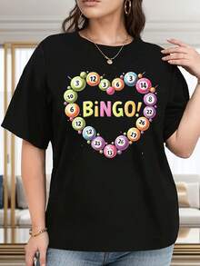VivaGlam-Women's Bingo Ball Print T-Shirt - Bingo-Themed Round Neck Top With Bingo Number Design, Opaque Fabric Suitable For Bingo Nights, Parties, Casual Wear & Gifts - Machine Washable Spring Summer Fall Blouse For Athleisure Outfits - 黑色 - 查看 6