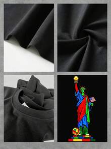 Figura colorida de la Estatua de la Libertad sosteniendo un balón dorado y una bandera de Estados Unidos sobre bloques multicolores que simbolizan unión y diversidad camiseta de mujer 100% algodón cómoda y moderna para uso casual - Negro - Ver 4