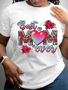 Camiseta de talla grande "La mejor mamá del mundo" - Manga corta suave, top casual de cuello redondo, decorada con estampados florales y de corazones, adecuada para atuendo casual en primavera y verano, un regalo ideal para el Día de la Madre, camiseta de mamá lavable a máquina - Blanco - Ver 2