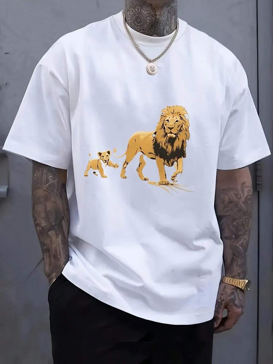 Camiseta de hombre con nuevo diseño de león – Ropa deportiva casual transpirable y cómoda con estampados de perro y león, camiseta de manga corta con cuello redondo, blanca, perfecta como regalo para el Día del Padre o San Valentín, camiseta de león. - Blanco - Ver 1