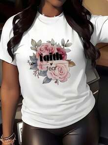 Camiseta Casual de Mujer con Cuello Redondo y Estampado de Mariposas y Rosas Blancas en Mezcla de Poliéster - Regalo Inspirador, Lavable a Máquina - Blanco - Ver 1