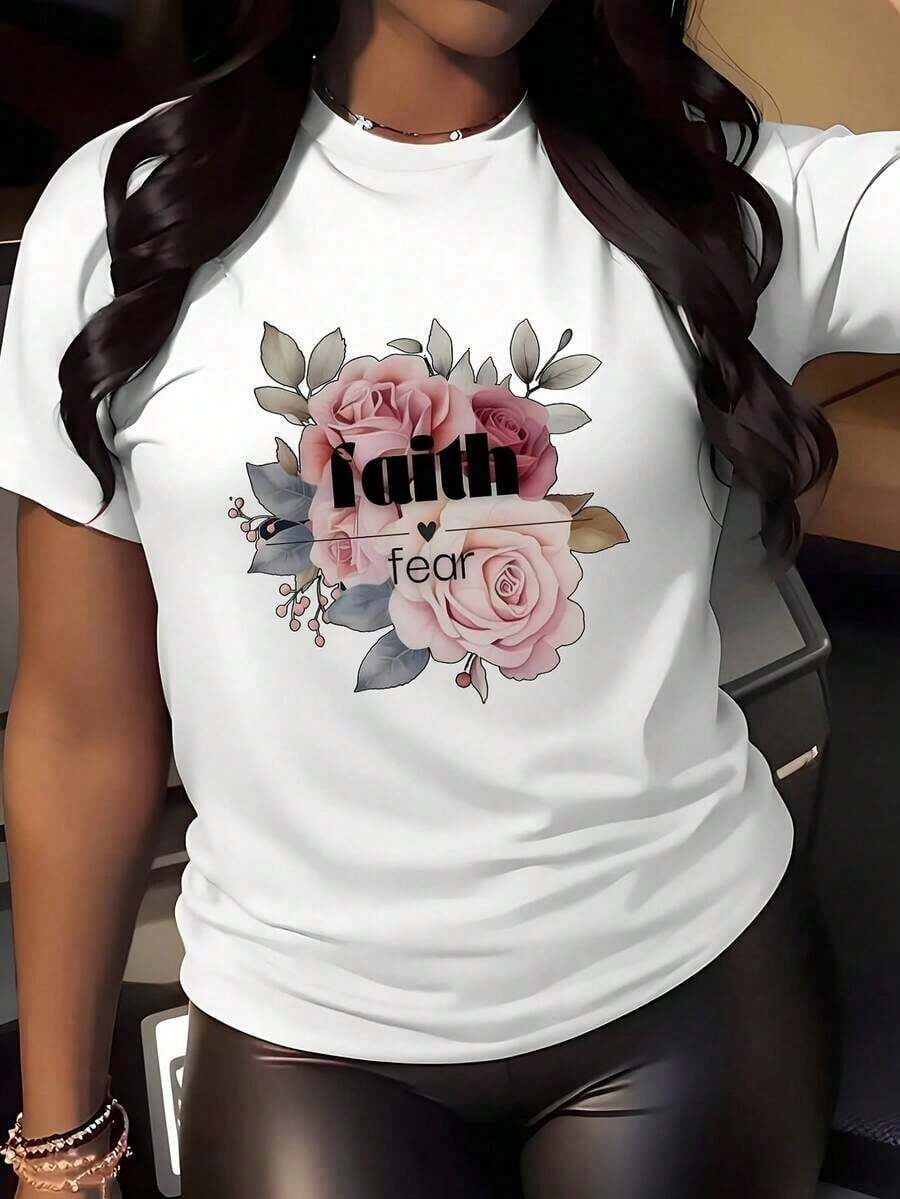 Camiseta Casual de Mujer con Cuello Redondo y Estampado de Mariposas y Rosas Blancas en Mezcla de Poliéster - Regalo Inspirador, Lavable a Máquina - Blanco - Ver 1