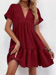 LUNE Vestido con puños enrollados, dobladillo con volantes y unicolor borgoña para outfit de mujer - Burdeos - Ver 3