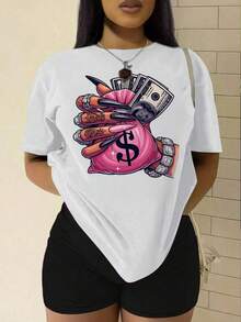 Women's Casual Printed T-Shirt, Round Neck, Short Sleeve, Drop Shoulder Style For Spring And Summer - [Putih] - View 1